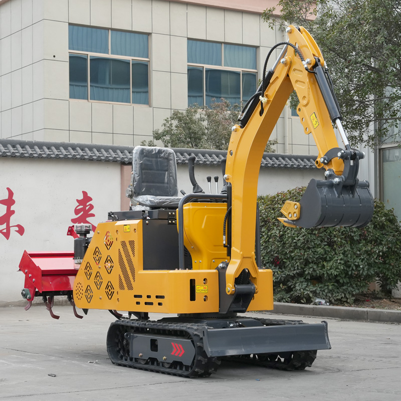 Small excavator with a rotary tiller